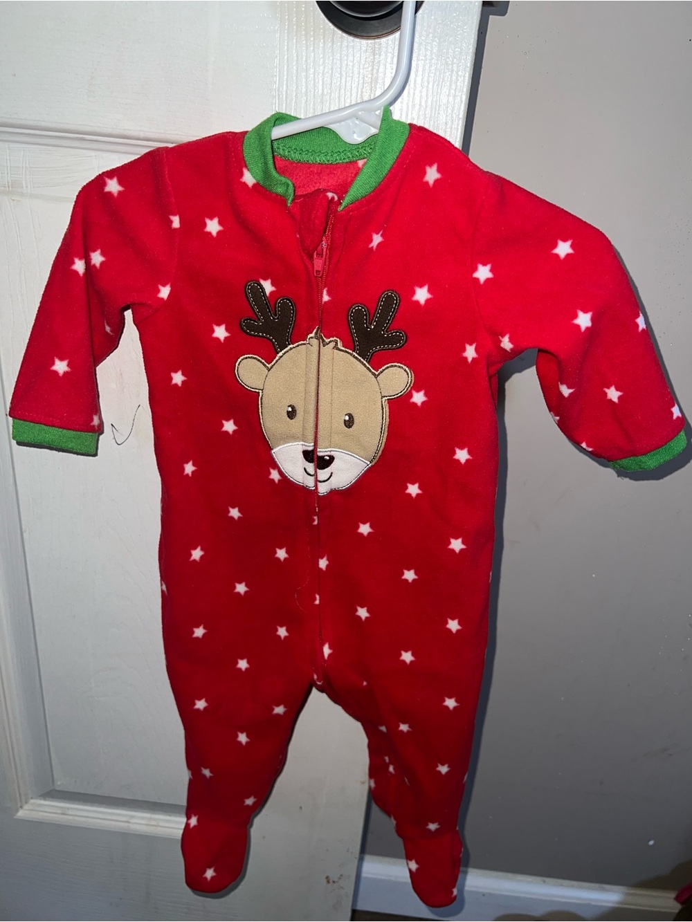 Little Me Red Fleece Reindeer Footie with Green Trim